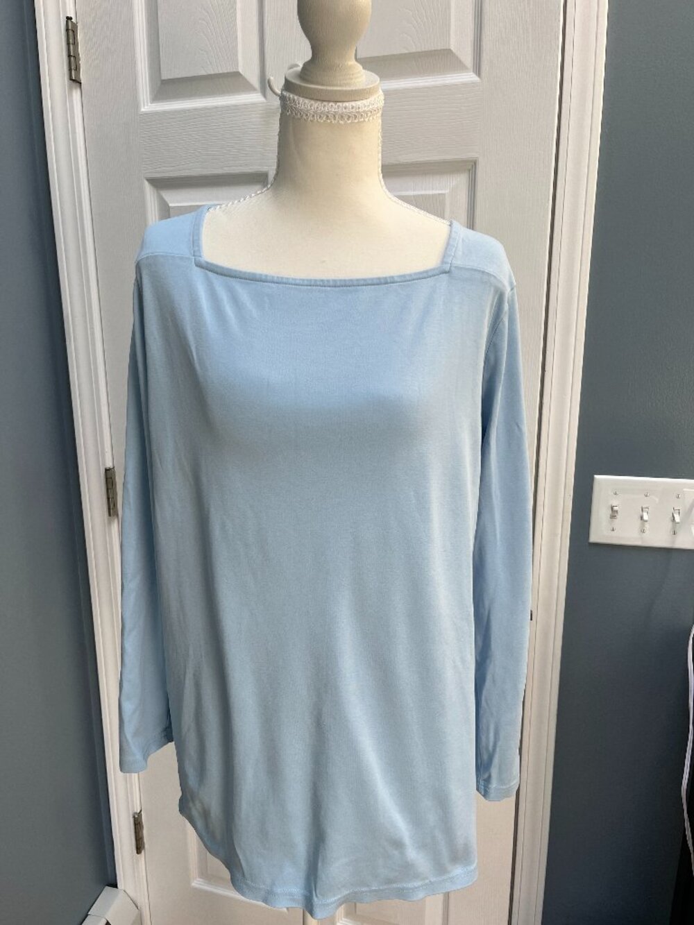 L.L. Bean 100% Cotton Square Neck Blue Long Sleeve Tee Size XL